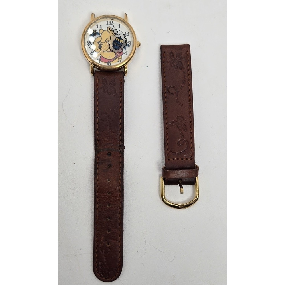 Disney Time Works Winnie the Pooh Watch Gold Tone Brown Leather UNTESTED As is